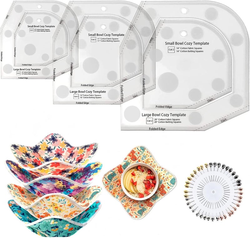 Fosdonge Bowl Cozy Template Cutting Ruler Set 3 Sizes, Acrylic Transparent Sewing Patterns Quilting Templates, Bowl Cozy Pattern Quilting Rulers for DIY Kitchen Art Craft - Image 1